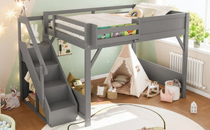 English Elm Twin Low Loft Bed Solid Pine Frame Kids Study Desk Blackboard Storage White Gray W1580S00469