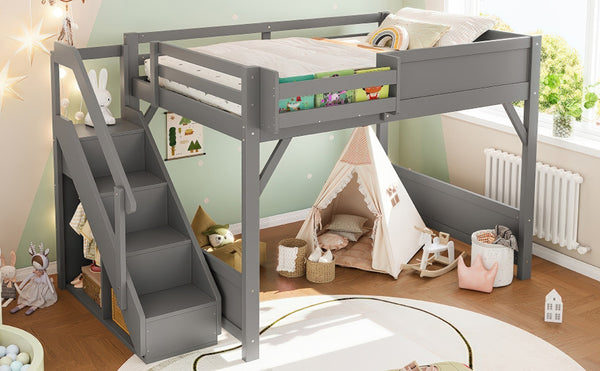 English Elm Twin Low Loft Bed Solid Pine Frame Kids Study Desk Blackboard Storage White Gray W1580S00469
