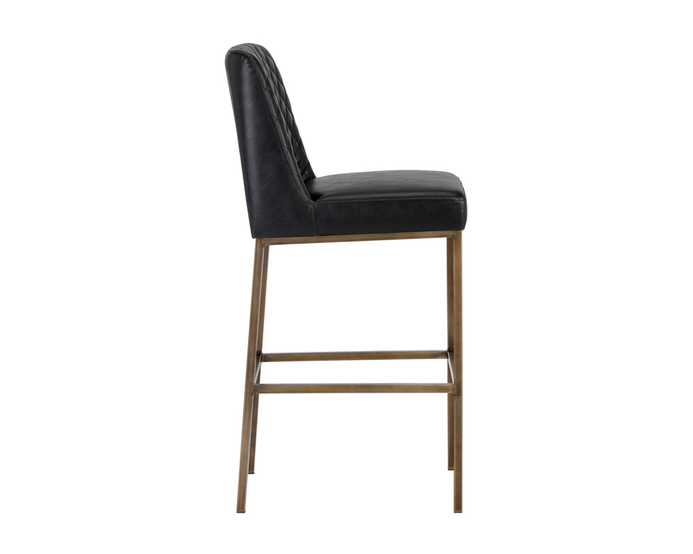 Sunpan Leighland Classic Barstool with Antique Brass Frame and Diamond-Stitched Faux Leather Upholstery Coal Black