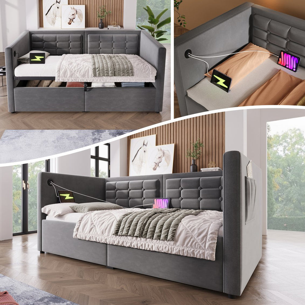 English Elm Upholstered Twin Daybed with Hydraulic Storage, Velvet Tufted Sofa Back, USB & Type-C Charging Port Gray N736P303402G