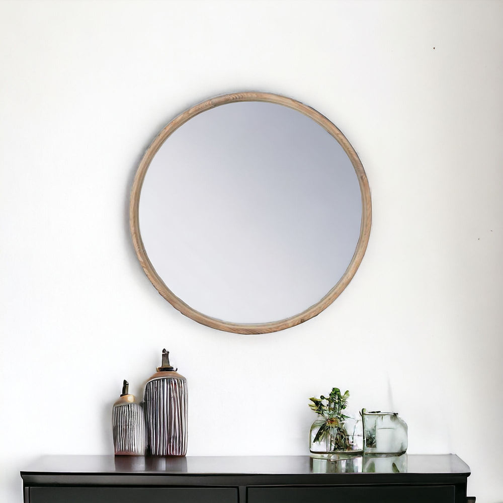 Homeroots 28" Natural Rustic Brown Wood Frame Round Wall Mounted Accent Mirror  Fir Wood 485002