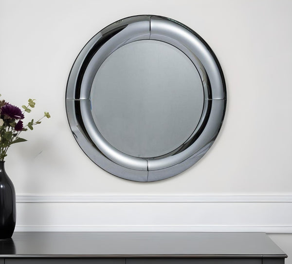 HomeRoots 32" Silver Round Curved Frame Accent Mirror – Modern-Retro Style for Home, Office & Entryway Decor 485011