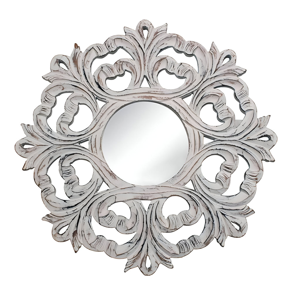 Homeroots 24" White Floral Scrollwork Distressed Round Framed Accent Mirror  Mdf 485013