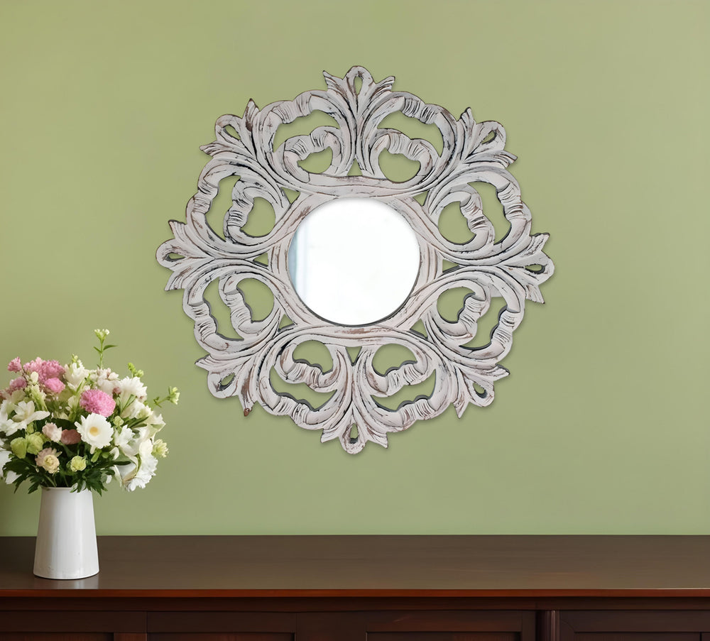Homeroots 24" White Floral Scrollwork Distressed Round Framed Accent Mirror  Mdf 485013