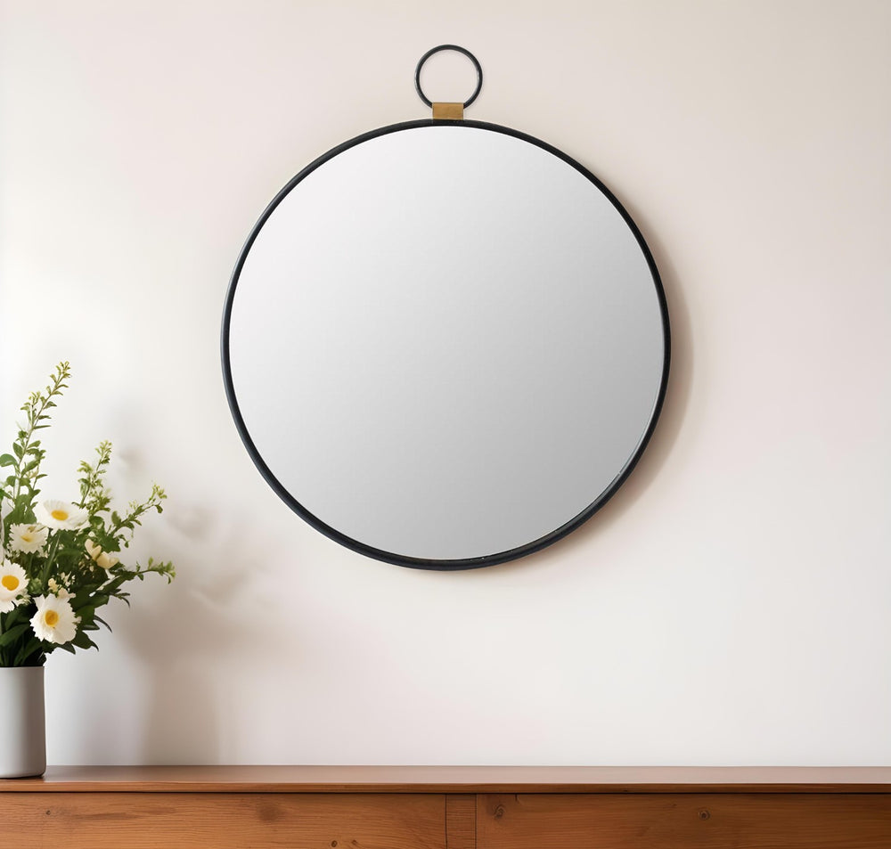 Homeroots 28" Black Round Iron Framed Accent Mirror  Iron 485021