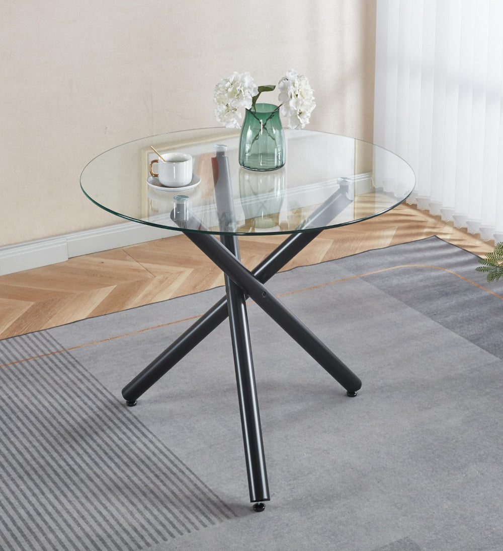 English Elm Round Tempered Glass Dining Table with Black Metal Base for Modern Compact Spaces W234P270452