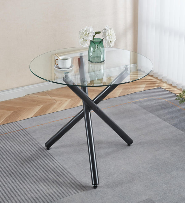 English Elm Round Tempered Glass Dining Table with Black Metal Base for Modern Compact Spaces W234P270452