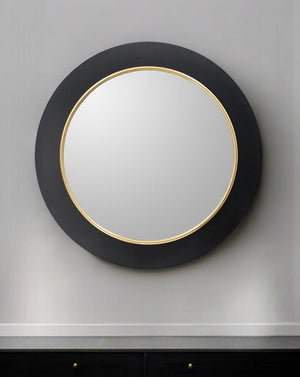 Homeroots 32" Black And Gold Lighted Round Metal Framed Accent Mirror  Iron 485026