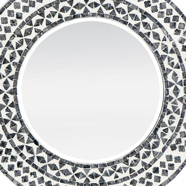 Homeroots 24" Black And White Round Manufactured Wood And Shell Framed Accent Mirror  40% Mdf,40% Glass,20% Capiz 485036