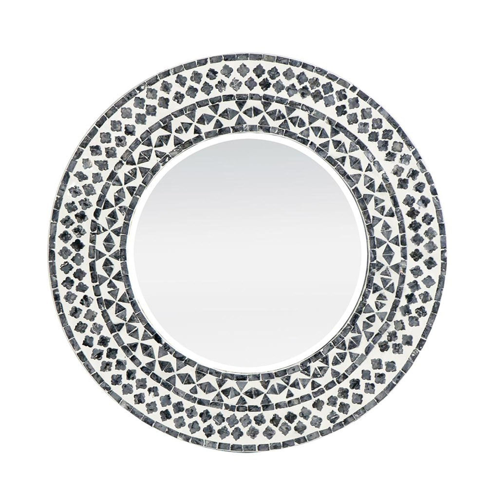 Homeroots 24" Black And White Round Manufactured Wood And Shell Framed Accent Mirror  40% Mdf,40% Glass,20% Capiz 485036
