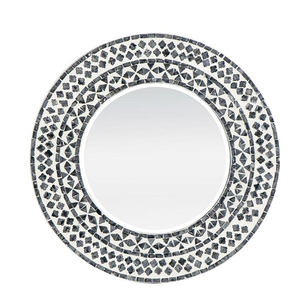 Homeroots 24" Black And White Round Manufactured Wood And Shell Framed Accent Mirror  40% Mdf,40% Glass,20% Capiz 485036