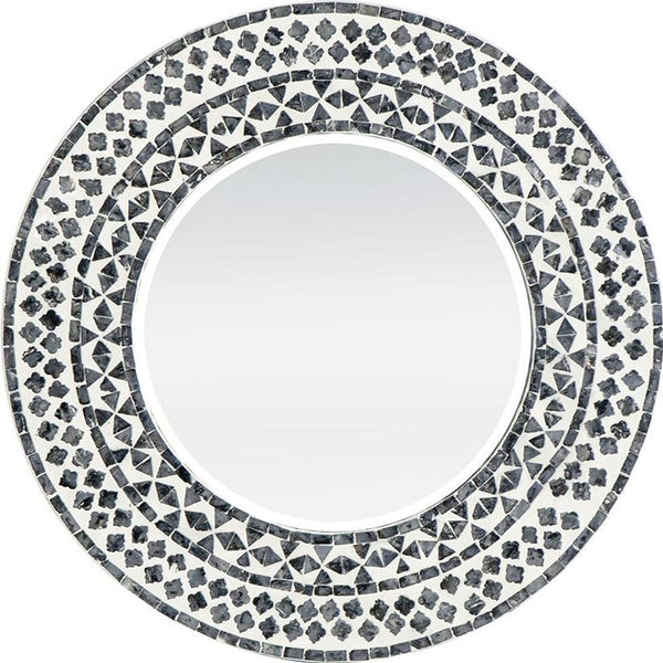 Homeroots 24" Black And White Round Manufactured Wood And Shell Framed Accent Mirror  40% Mdf,40% Glass,20% Capiz 485036