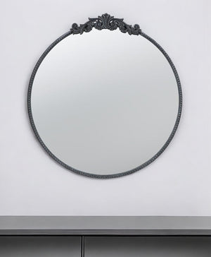 Homeroots 32" Black Crowned Top Iron Framed Round Accent Mirror  Glass 485045