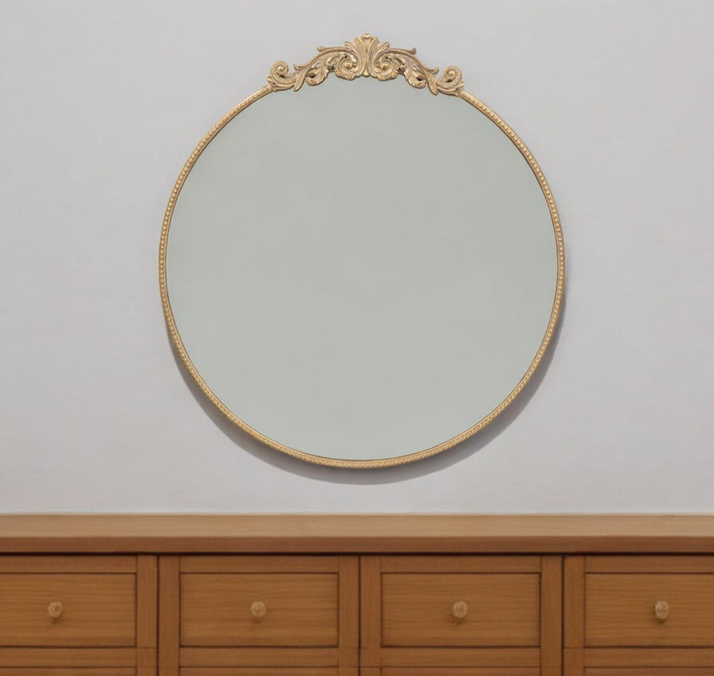 Homeroots 39" Gold Crowned Top Iron Framed Accent Mirror  Glass 485048