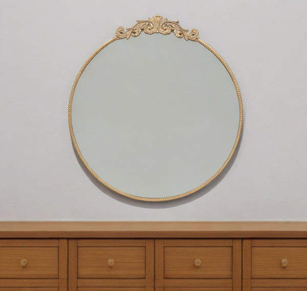 Homeroots 39" Gold Crowned Top Iron Framed Accent Mirror  Glass 485048