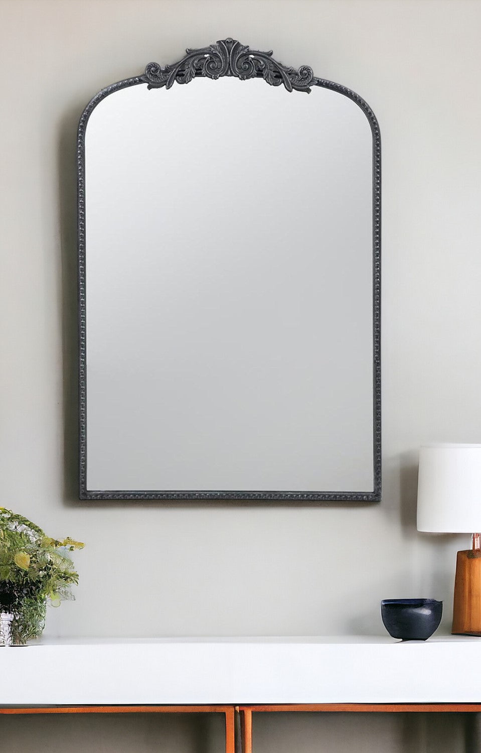 Homeroots 36" Black Arch Iron Framed Accent Mirror  50% Glass,30% Iron,20% Mdf 485051