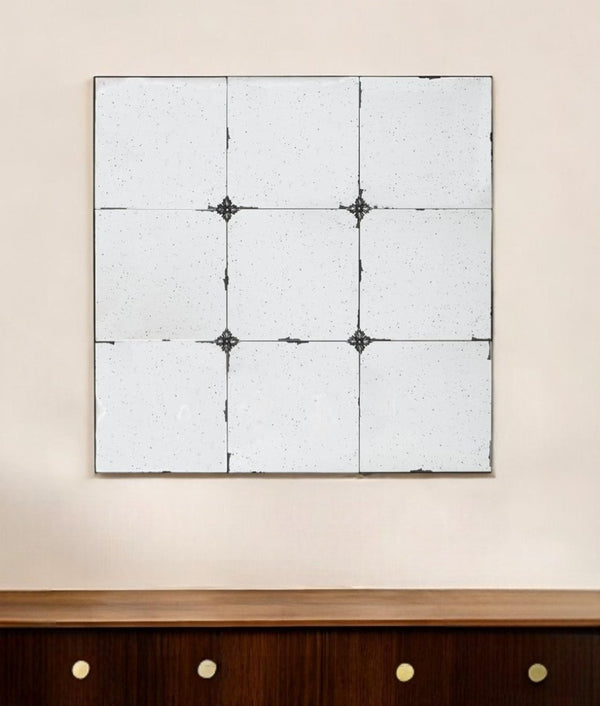 HomeRoots 36" Vintage-Inspired Black Iron Framed Square Accent Mirror with Distressed Glass & Floral Touches 485056