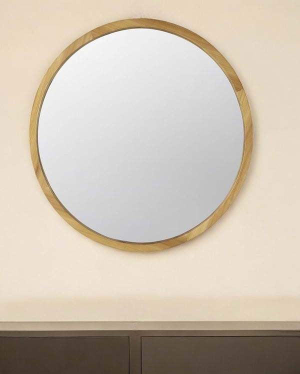 Homeroots 28" Brown Round Solid Wood Framed Accent Mirror  Fir Wood 485060