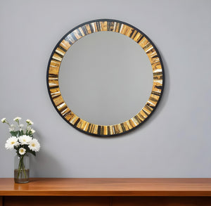 Homeroots 32" Brown And Black Faux Stone Round Framed Accent Mirror  Mdf 485063