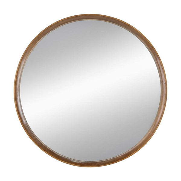 Homeroots 32" Brown Round Framed Accent Mirror  Pine Wood 485081