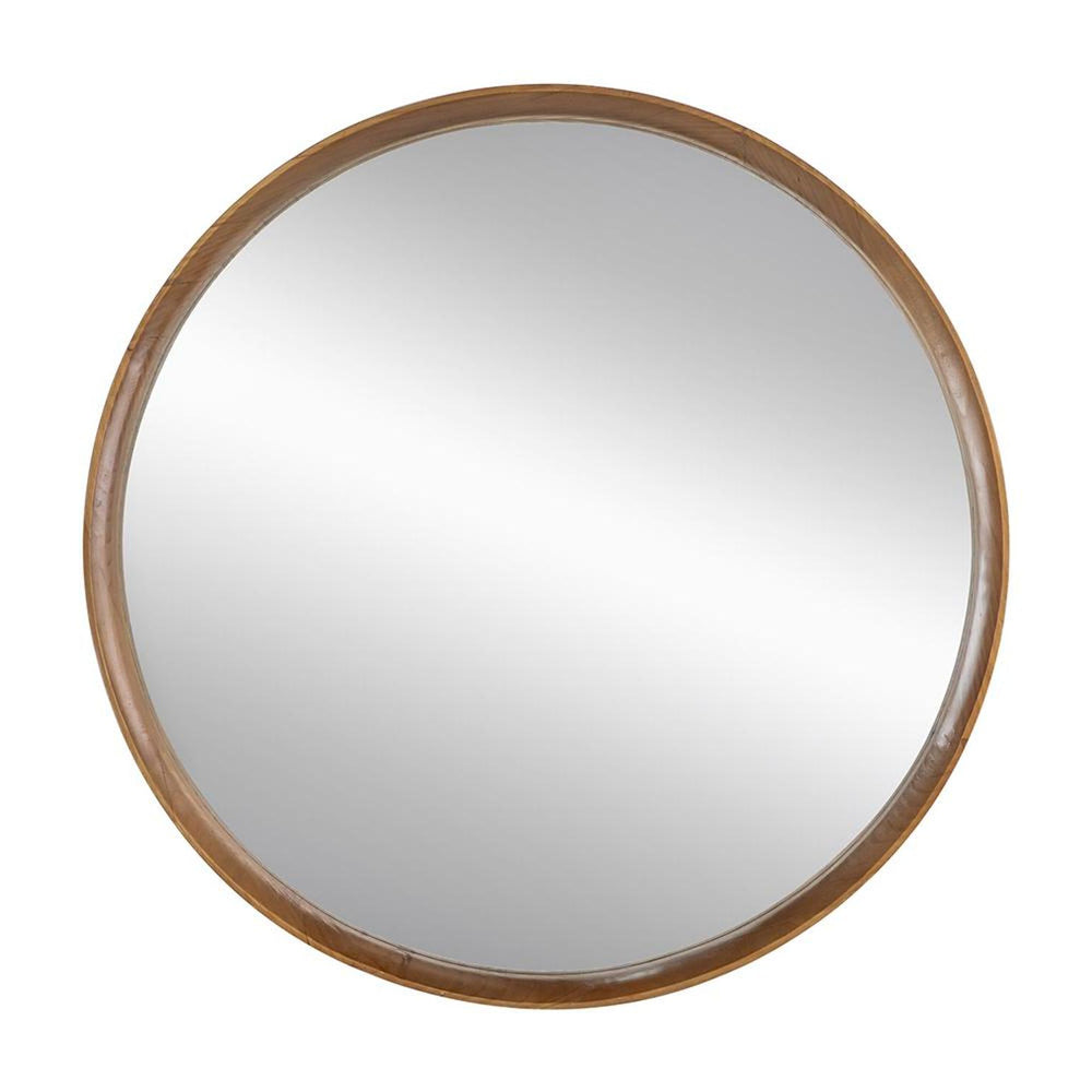 Homeroots 32" Brown Round Framed Accent Mirror  Pine Wood 485081