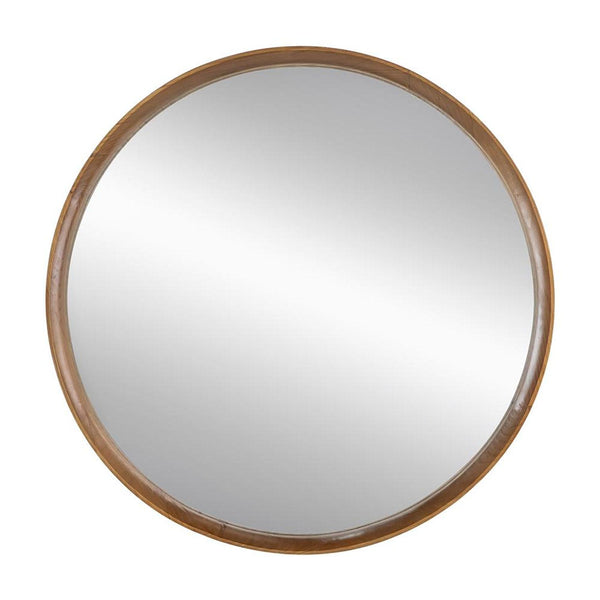Homeroots 32" Brown Round Framed Accent Mirror  Pine Wood 485081