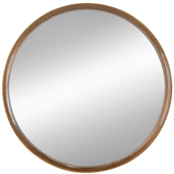 Homeroots 32" Brown Round Framed Accent Mirror  Pine Wood 485081