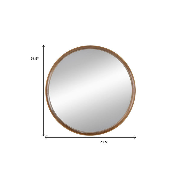 Homeroots 32" Brown Round Framed Accent Mirror  Pine Wood 485081