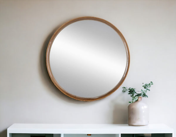 Homeroots 32" Brown Round Framed Accent Mirror  Pine Wood 485081