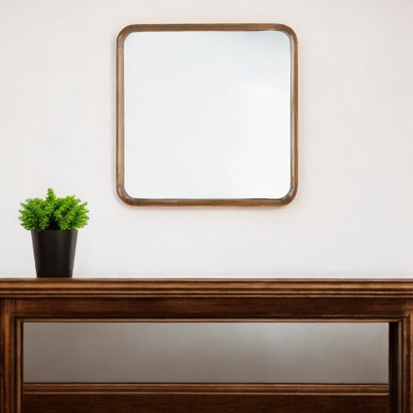 Homeroots 32" Brown Square Wood Framed Accent Mirror  50% Pine Wood,25% Mirror,25% Mdf 485082