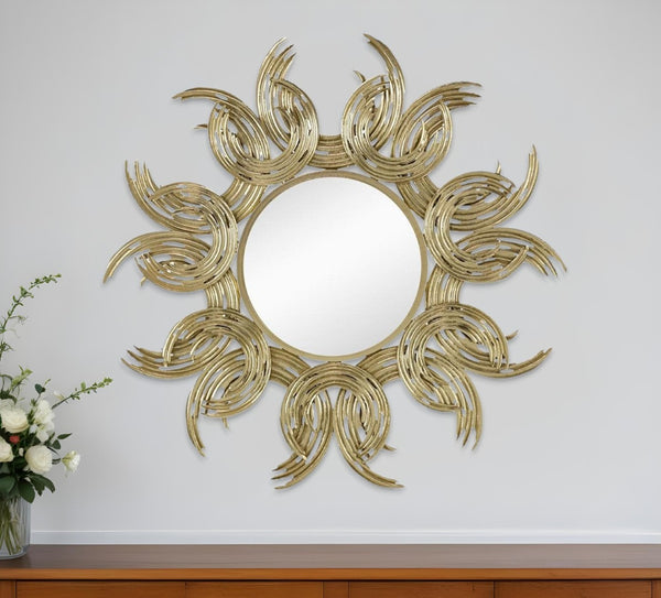 HomeRoots 37" Gold Abstract Sunburst Mirror - Modern Iron Framed Wall Accent for Glam & Contemporary Spaces 485086