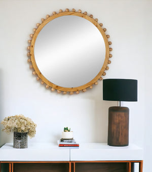 Homeroots 34" Brown Round Accent Mirror  Fir Wood 485091