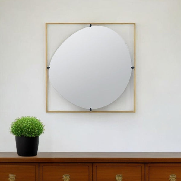 HomeRoots 32" Gold Square Iron Framed Mirror - Luxurious Accent for Entryways, Bedrooms, or Hallways Decor 485092