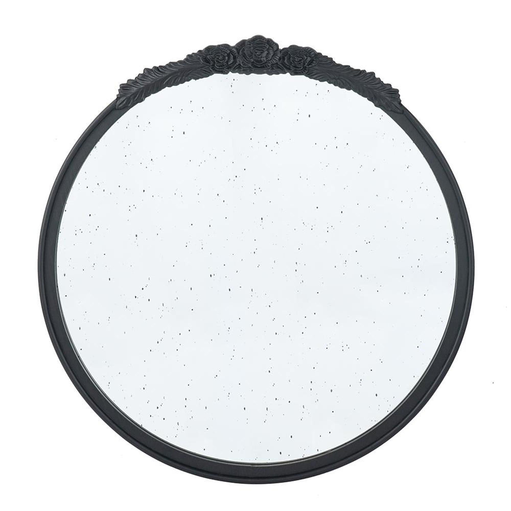 Homeroots 30" Black Crowned Top Antiqued Glass Round Framed Accent Mirror  Mdf 485094