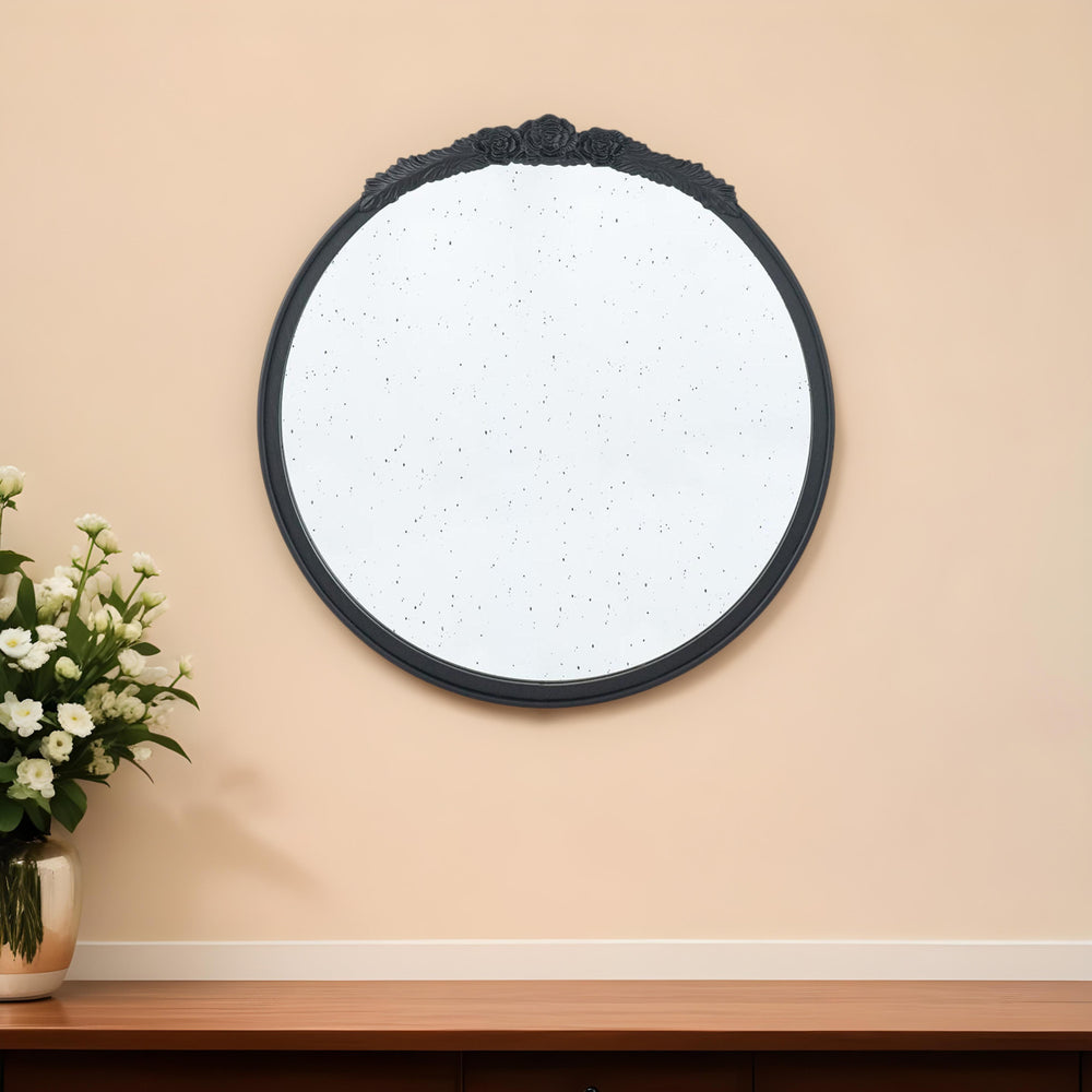 Homeroots 30" Black Crowned Top Antiqued Glass Round Framed Accent Mirror  Mdf 485094