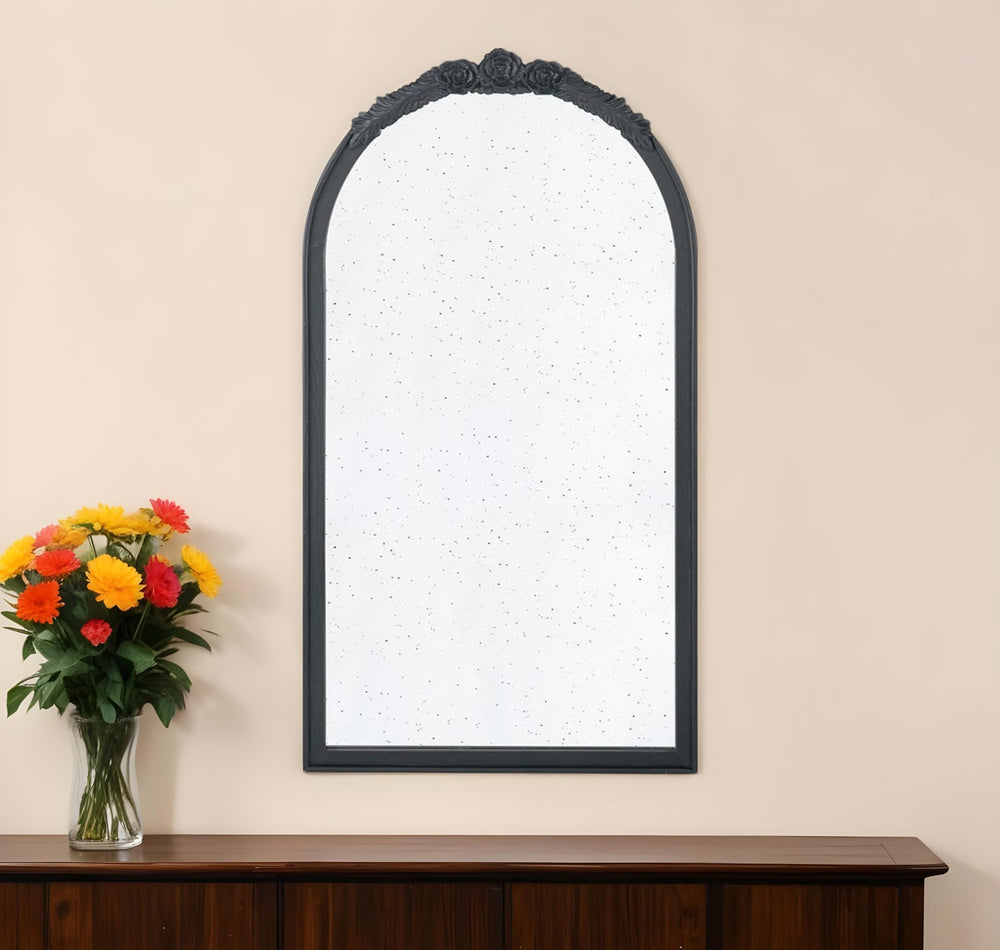 Homeroots 42" Black Crowned Top Antiqued Glass Arch Framed Accent Mirror  80% Mdf,20% Mirror 485096