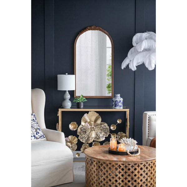HomeRoots 42" Vintage Crowned Arch Accent Mirror with Distressed Glass, Brown Frame - Timeless Elegance for Any Room 485097