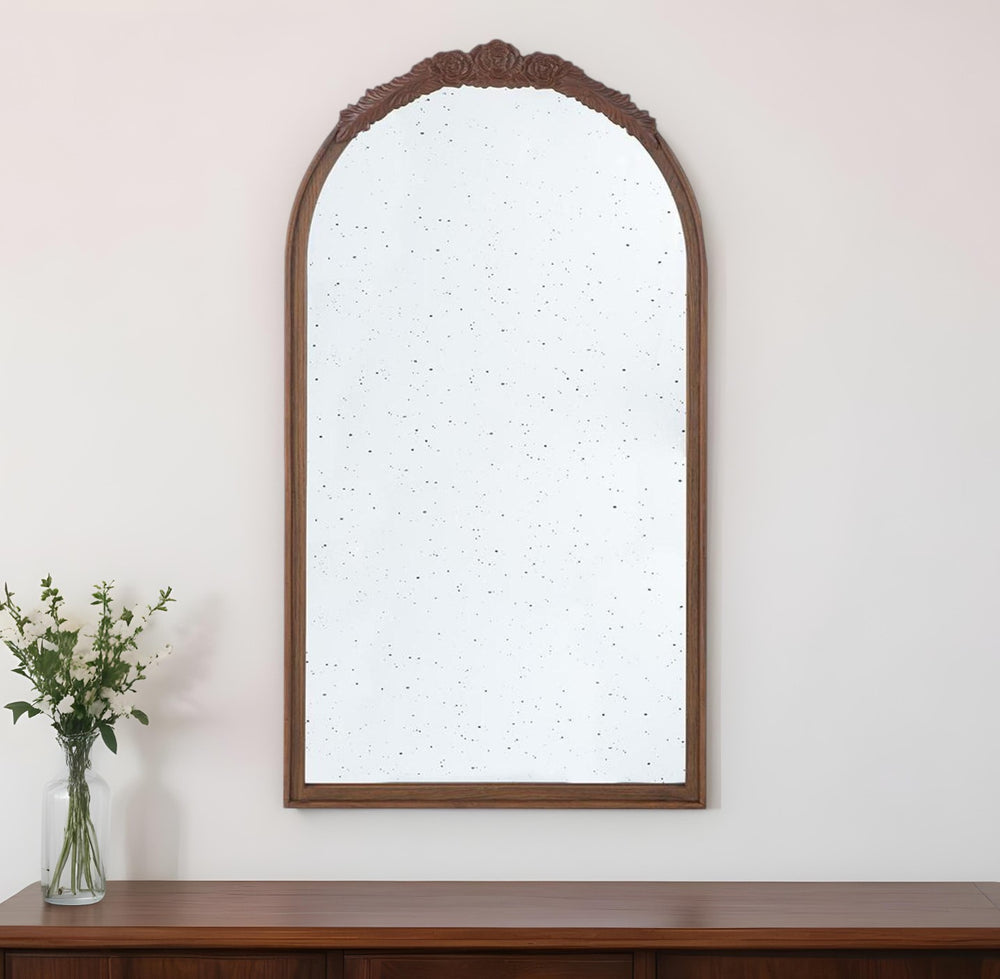 Homeroots 42" Brown Crowned Top Antiqued Glass Arch Framed Accent Mirror  Mdf 485097