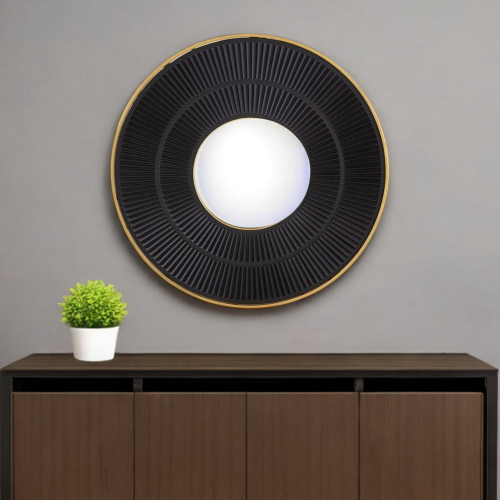 Homeroots 32" Black And Gold Round Manufactured Wood And Metal Framed Accent Mirror  Mdf 485111