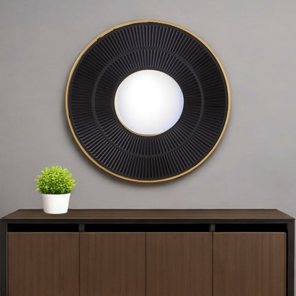 Homeroots 32" Black And Gold Round Manufactured Wood And Metal Framed Accent Mirror  Mdf 485111