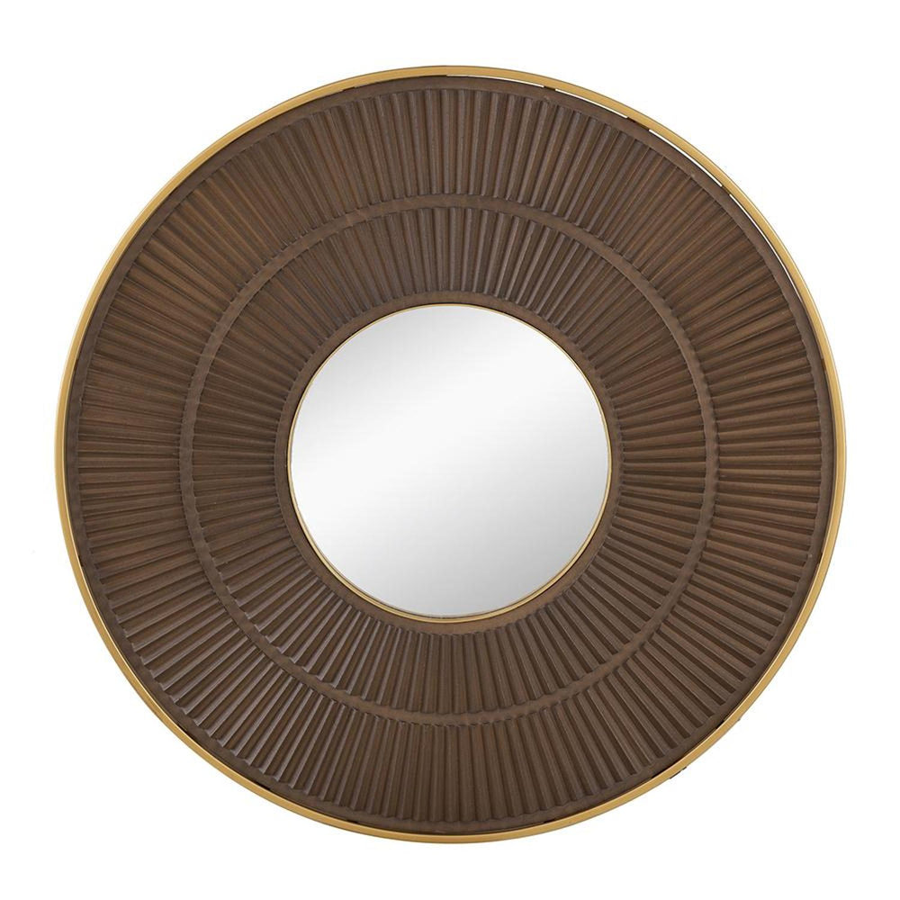 Homeroots 32" Brown And Gold Round Manufactured Wood And Metal Framed Accent Mirror  Mdf 485112