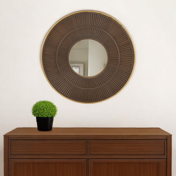 Homeroots 32" Brown And Gold Round Manufactured Wood And Metal Framed Accent Mirror  Mdf 485112