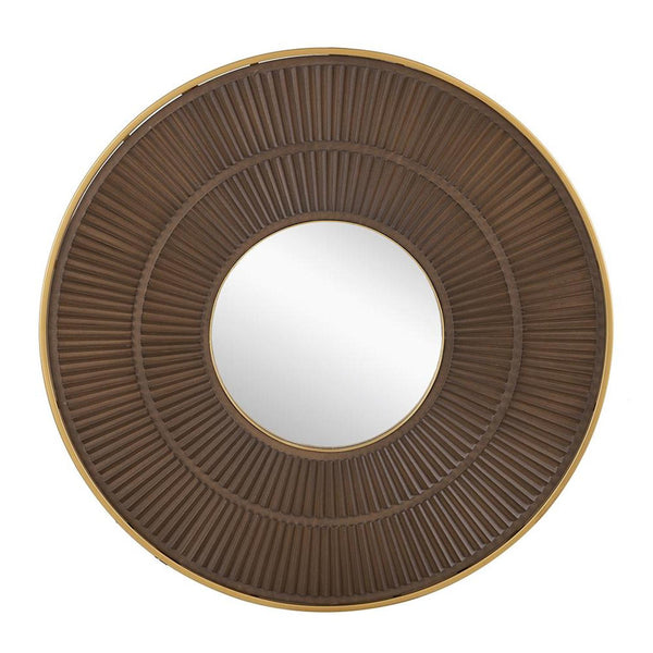 Homeroots 32" Brown And Gold Round Manufactured Wood And Metal Framed Accent Mirror  Mdf 485112