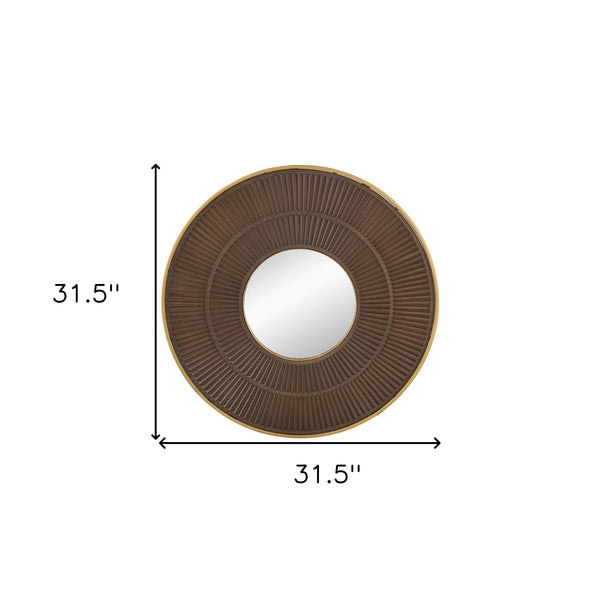 Homeroots 32" Brown And Gold Round Manufactured Wood And Metal Framed Accent Mirror  Mdf 485112