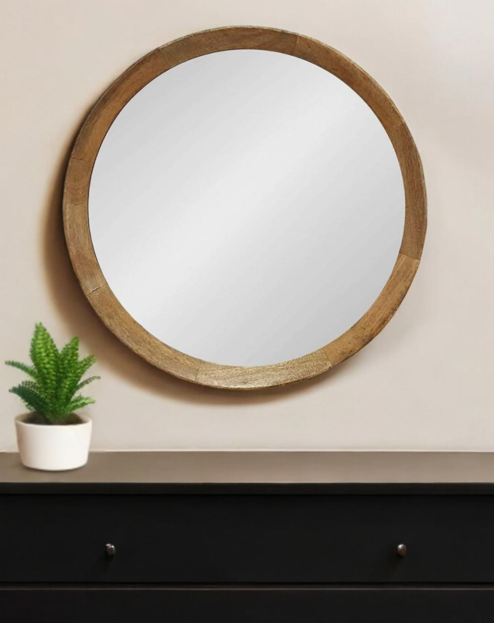 Homeroots 20" Natural Round Wood Framed Accent Mirror  50% Mango Wood,25% Mdf,25% Mirror 485116