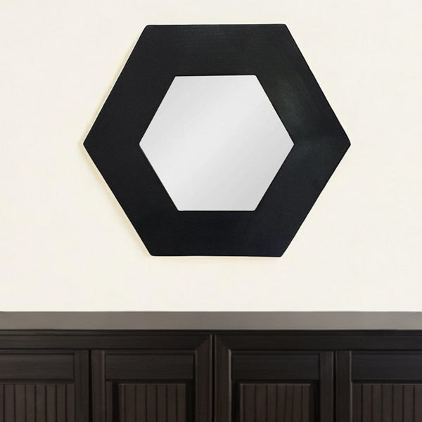 Homeroots 19" Black Hexagon Wood Framed Accent Mirror  60% Teak Wood,20% Mdf,20% Mirror 485117