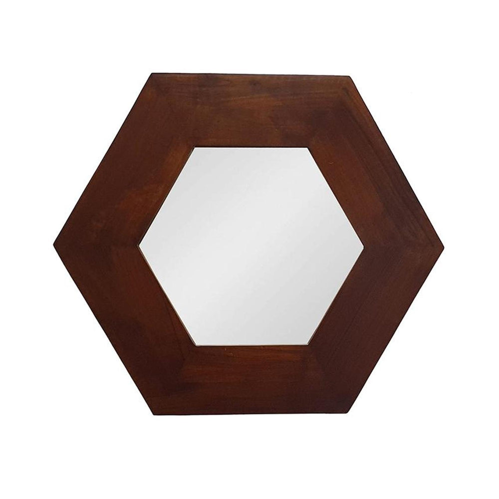 Homeroots 19" Dark Brown Hexagon Solid Wood Framed Accent Mirror  60% Teak Wood,20% Mdf,20% Mirror 485118