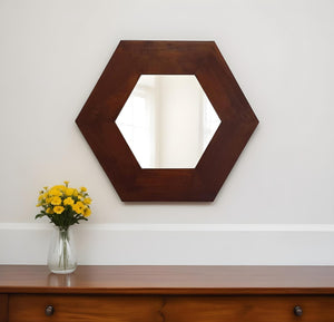 Homeroots 19" Dark Brown Hexagon Solid Wood Framed Accent Mirror  60% Teak Wood,20% Mdf,20% Mirror 485118