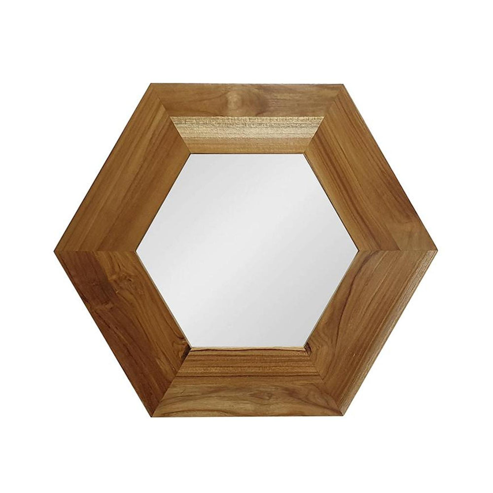 Homeroots 19" Natural Hexagon Solid Wood Framed Accent Mirror  60% Teak Wood,20% Mdf,20% Mirror 485119