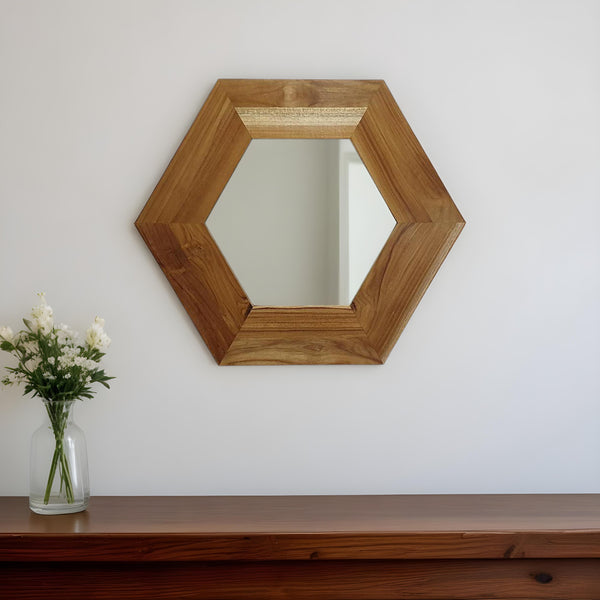 Homeroots 19" Natural Hexagon Solid Wood Framed Accent Mirror  60% Teak Wood,20% Mdf,20% Mirror 485119